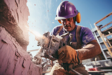 Poster - A man in a purple shirt is using a power drill. This image can be used to depict DIY projects, home improvement, construction, or carpentry.