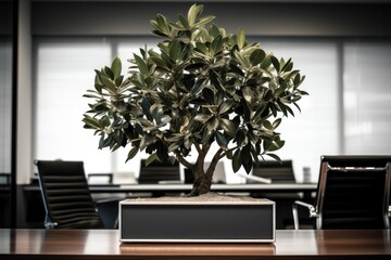 Poster - A bonsai plant displayed in a pot on a table. This image can be used to add a touch of nature and tranquility to various design projects.