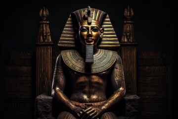 An image of a statue depicting an Egyptian man sitting on a chair. This picture can be used to illustrate ancient Egyptian history or as a decorative element in a themed event or exhibition.