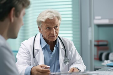 Poster - A male doctor engaged in conversation with a male patient. Suitable for medical and healthcare-related content.