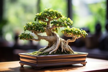 Poster - A bonsai tree sits gracefully on top of a wooden table. This image can be used to showcase the beauty and elegance of nature in interior design or gardening projects.