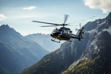Canvas Print - A helicopter is flying over a majestic mountain range. This image captures the beauty of nature and the thrill of aviation. Perfect for travel magazines, adventure blogs, and aviation-themed websites.