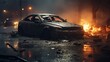 Burnt Car Wreck in the Dark: Aftermath of a Severe Accident