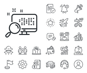 Poster - Find data sign. Salaryman, gender equality and alert bell outline icons. Search in computer line icon. Magnify glass. Search line sign. Spy or profile placeholder icon. Online support, strike. Vector