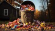 Excessive halloween candy waste in the trash can. The day after Halloween celebration and the environmental impact concept. Generative AI.