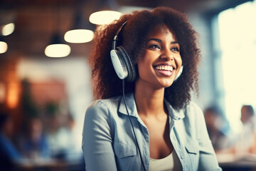 Wall Mural - Woman wearing headphones is smiling and looking directly at camera. This image can be used to depict happiness, positivity, and enjoyment of music or audio.