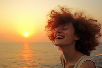 Wall Mural - Picture of woman with vibrant red hair smiling while on boat. Perfect for travel or lifestyle themes.