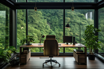 step into an enchanting forest green office interior, where nature meets productivity, creating a se
