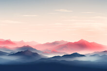 Generative AI Illustration Of Landscape With Red And Blue Ink Mountains In Daylight Against Cloudy White Sky
