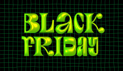 Poster - Black Friday Sale Background with Neon Colored 3d Modern Style Letters. Green Y2k Trendy Font on Black Pattern with Checkers. Vector Advertising Illustration