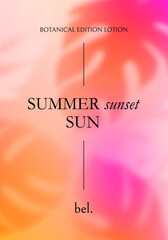 Aufkleber - Bright Tropical Gradient Background with Palm Leaves. Vector Neon Colored Poster. Abstract Bg with Tropical Elements Overlay. Blurred Monstera Leaves Design for Posters, Banners and Packaging