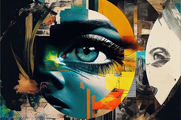 Human eye abstract painting on color collage art background