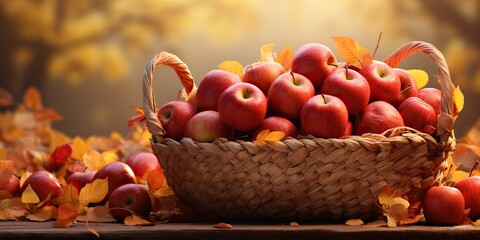 Sticker - AI Generated. AI Generative. Autumn fall fresh organic red apples in wooden basket. Graphic Art