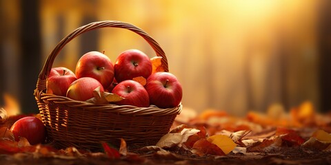 Wall Mural - AI Generated. AI Generative. Autumn fall fresh organic red apples in wooden basket. Graphic Art