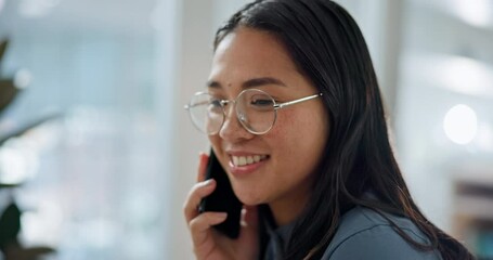 Poster - Asian, business or happy woman on a phone call talking, networking or speaking in office. Smile, mobile communication chat or female entrepreneur in conversation, discussion or negotiation offer