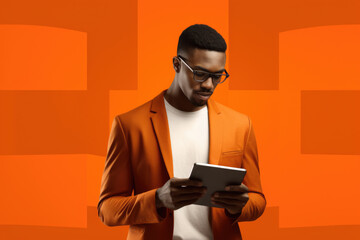 Man wearing orange suit is holding tablet. This image can be used to represent technology, business, or communication.