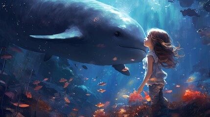 Poster - A little girl standing in front of a whale