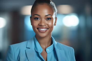 woman dressed in blue suit smiling for camera. this professional and friendly image can be used for 