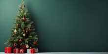 Green Christmas Tree And Presents On Green Background
