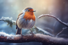 European Robin Bird In The Cold Winter And Snow