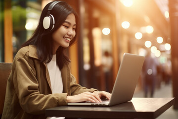 Woman sitting at table, focused on using her laptop computer. Suitable for illustrating technology, remote work, and productivity.