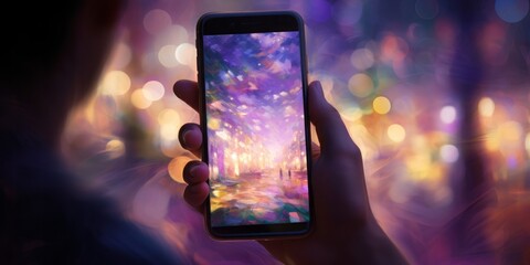Poster - Hand with a Smartphone, Holding It on a Dark Night, Embracing Mobile Technology and Digital Communication in the Nocturnal Hours