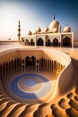 Intricate Islamic arabesque Abu Dhabi mosque in the desert made of marble