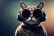 Cool cat in headphones and sunglasses listens to music. Close portrait of furry kitty in fashion style