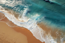 Close Up Of Ocean Waves Rolling Onto A Beautiful Beach With Pink Sand At Sunrise. Sandy Coastline With White Turquiose Sea Waves. Soft Wave Of The Sea On Sandy Beach With White Clean Foam