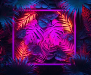 Wall Mural - eative tropical background made of  fluorescent tropical leaves with neon frame