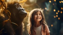 A Little Girl Standing Next To A Gorilla