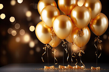 Wall Mural - Colorful golden balloon in dark room. Balloons in room decorated for birthday party. Golden bokeh background