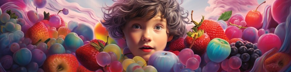 Canvas Print - A painting of a young boy surrounded by fruit