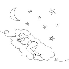 Wall Mural - Continuous one line drawing of sleeping person. Woman dreaming on a cloud. Simple vector illustration