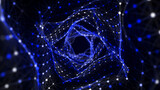 Fototapeta Przestrzenne - Abstract square speed tunnel with blue light on black background. Science background with dots and lines moving in a spiral. Wormhole technology. Digital structure with particles. 3d rendering.