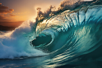 rough colored ocean wave falling down at sunset time
