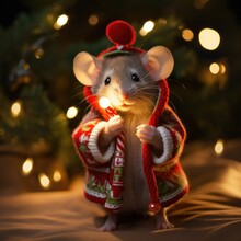 Cute mouse in a Christmas suit on a Christmas card. New Year card. Christmas atmosphere
