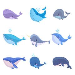 Wall Mural - Cartoon whales. Cute underwater whale characters, marine animals. Isolated childish animal for stickers, funny creatures nowaday vector clipart