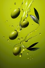 Green olives and olive oil floating on a green background