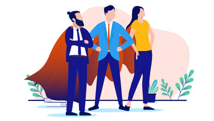 Business superheroes - Vector illustration of team of three businesspeople standing with superhero cape after achievement and success. Flat design on white background