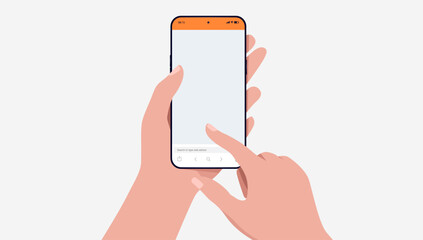 Aufkleber - Smartphone use mockup - Vector illustration of hand holding mobile phone and finger using touchscreen. Flat design with light grey background
