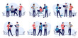People working in office vector collection - Set of illustrations with businesspeople using computers and devices at work, talking and doing teamwork. Flat design on white background