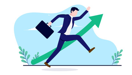 Poster - successful businessman - corporate man in business wearing suit with briefcase on a mission jumping 