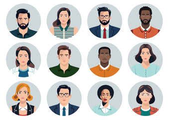 Aufkleber - Vector people faces avatars collection - Set of illustrations with diverse people in various clothes and styles. Flat design in oval frame on white background