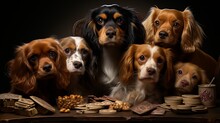 A Group Of Cavalier King Charles Spaniels Gathered Around A Vintage Picnic Basket, Their Expressive Eyes Eagerly Awaiting A Treat.