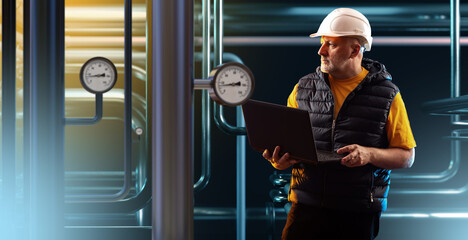 Poster - industrialist in production workshop. man inspector at chemical factory. industrialist with laptop. 
