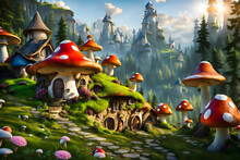 A Fantasy Style Storybook Fairytale Tiny Mushroom Village Surrounded By Trees And Mountains