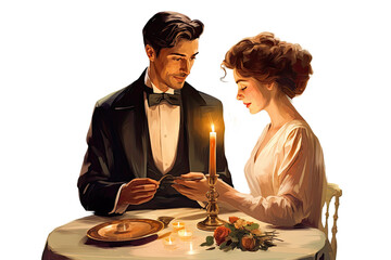 couple having a candlelit dinner vintage illustration isolated on a transparent background, generative ai