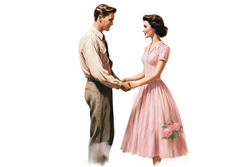 couple holding hands looking at each vintage illustration isolated on a transparent background, generative ai