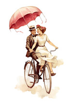 Couple Riding A Tandem Bicycle Built For Two Vintage Illustration Isolated On A Transparent Background, Generative Ai